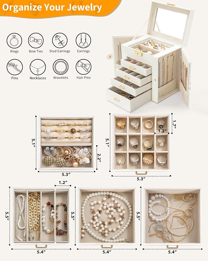 AKOZLIN 5-Tier Jewelry Box Leather Jewelry Storage Organizer with 4 Drawers Lockable for Women Girls Ring Necklace Earring Br