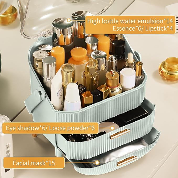 CANITORON Makeup Organizer with 2 Drawers and Brush Storage Box, Cosmetic Display Case for Vanity and Bathroom Countertop Sto