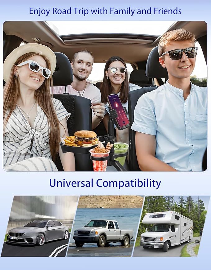 Car Cup Holder Tray - 4 in 1 Adjustable Car Cup Holder Expander with 360° Rotatable Food Tray Table and Phone Mount for Drive