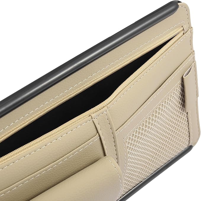X AUTOHAUX Beige Universal Car Sun Visor Organizer Sunglasses Case Storage Pocket Hook and Loop Tape ABS PU Leather for SUV RV Truck