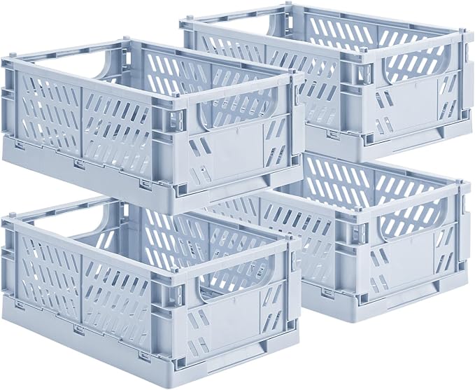 HUUSMOT 4-Pack Small Pastel Plastic Storage Baskets, Collapsible Crates for Organizing, Space-Saving Mini Bins for Classroom,