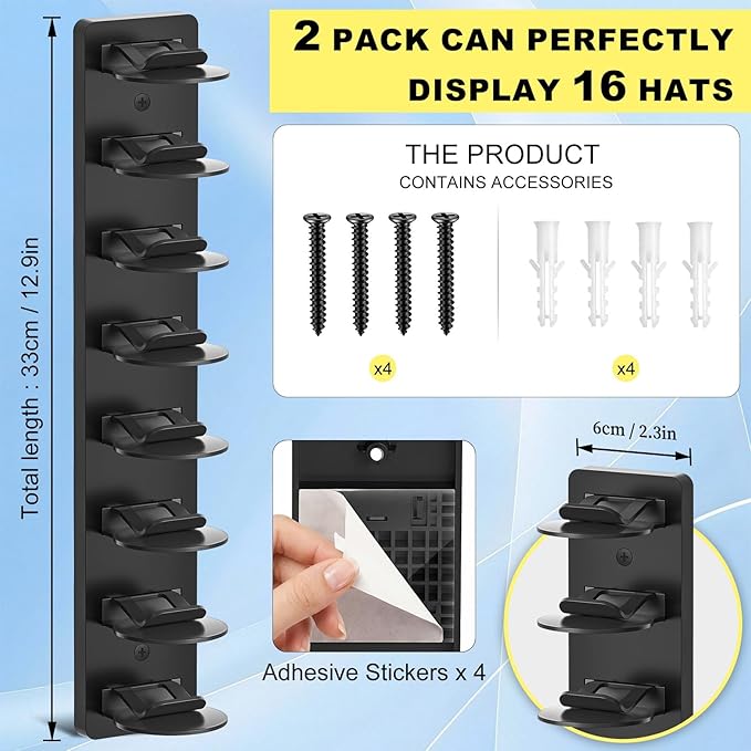 2 Pack MultiLayer Hat Organizer for Baseball Caps, Holds 16 Hats, Hat Hook for Wall, Dual Mount (Adhesive/Screws), Space Savi