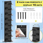 2 Pack MultiLayer Hat Organizer for Baseball Caps, Holds 16 Hats, Hat Hook for Wall, Dual Mount (Adhesive/Screws), Space Savi