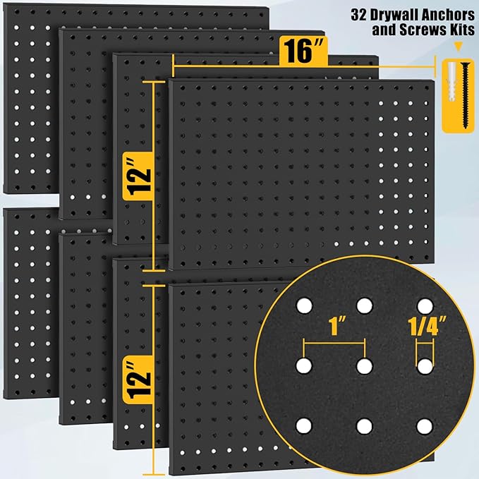 PBHEPJ 8 Pcs Metal Pegboard Panels, Heavy Duty Peg Boards for Garage and Garden Tool Storage, Includes Drywall Anchors and Sc