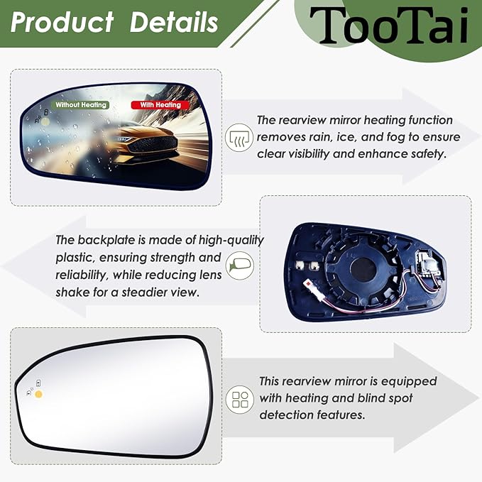 Driver Side Replacement Mirror Glass - compatible with Ford vehicles - Fusion 2013-2019 - heated with Blind Spot Detect, without Auto Dimming, LH