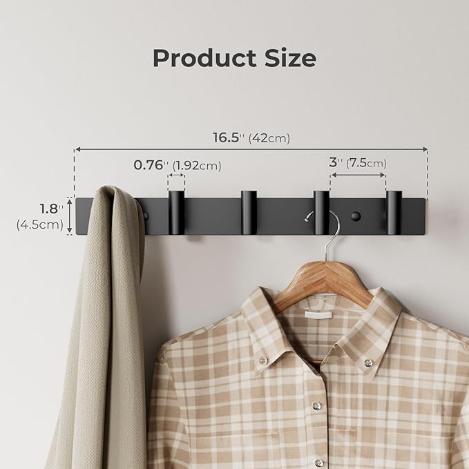 GWAAZXGZ Black Wall Mounted Coat Rack – 5 T-Shaped Pegs for Hats, Bags & Towels, Heavy-Duty Metal Rail for Entryway, Bathroom