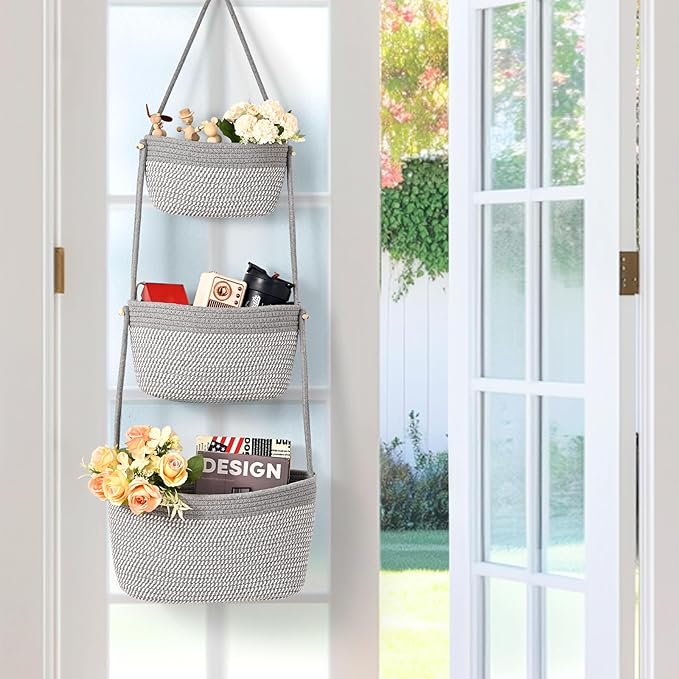 Hanging Storage Baskets, Over the Door Basket, Cotton Wall Baskets Storage, Hanging Door Basket with 4 Hooks