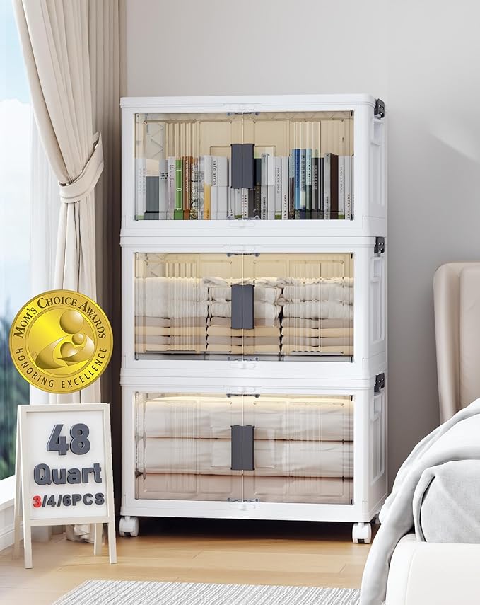 OlarHike 144QT Lockable Storage Bins with Lids - Folding Storage Cabinet with Doors and Wheels, Collapsible Plastic Box for C