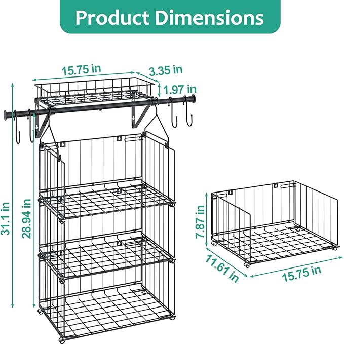 bukfen 3 Tier Hanging Closet Organizer, Wall Mounted Wire Storage Shelf with 4 Hooks, Foldable Stackable Organizer for Laundr