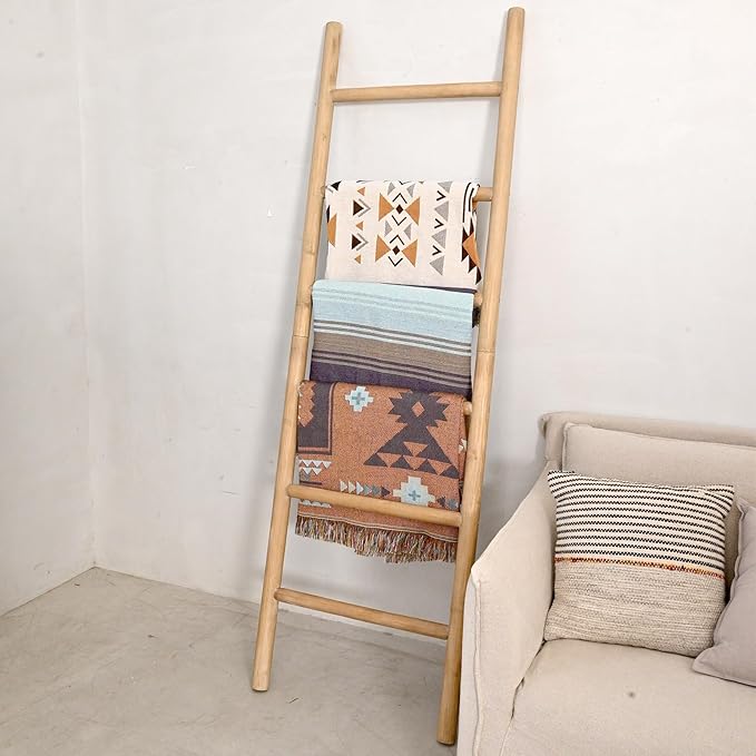 FUIN 6.4ft Extra Wide Wood Blanket Ladder Living Room Decorative Wall Leaning Farmhouse Quilt Display Holder Rustic Wooden To