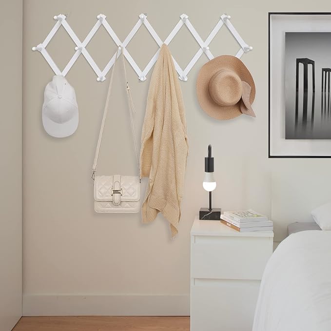 SCUNDA Accordion Wall Hanger with 16 Hooks, Wooden Coffee Mug Rack for Wall, Expandable Accordion Hook Rack Wall Mounted for 