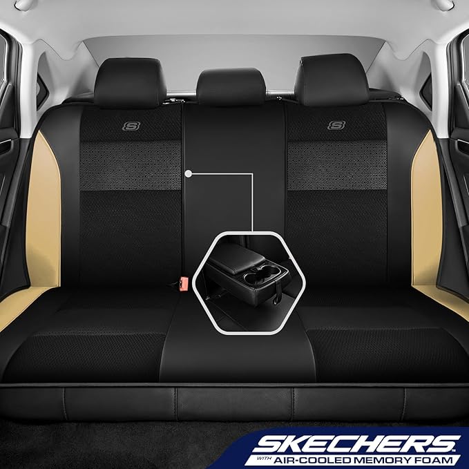 Skechers Aircooled & Memory Foam Seat Covers,Premium Leather with EVA Mesh Car Seat Covers,Seat Cover Full Sets,Airbag Compat