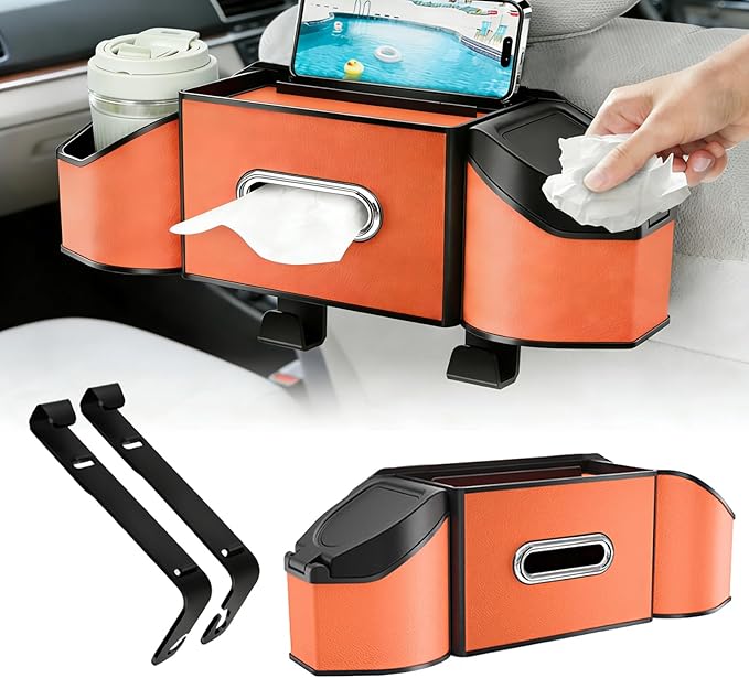 7-in-1 Car Seat Back Organizer, Headrest Storage with Cup Holder, Tissue Box & Trash Can, Fits Most Cars SUVs Trucks - Designed for USA Roads (Orange)