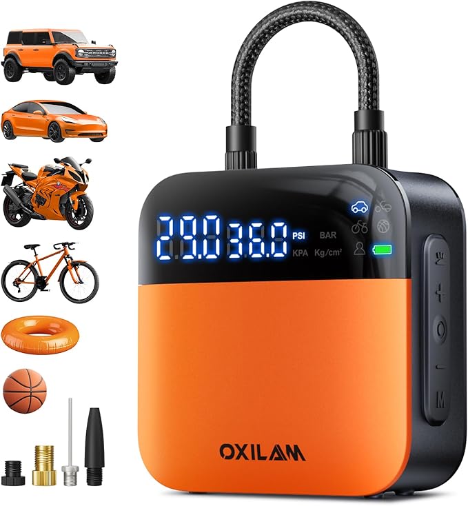 OXILAM C2 Tire Inflator Portable Air Compressor - 150PSI 4X Faster Air Pump for Car Tires with Tire Pressure Gauge, 12V Car Power Adapter, For Cars, Motorcycles, Bikes, Balls and More
