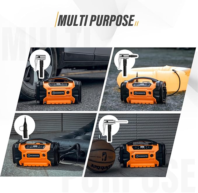 WORKSITE Tire Inflator Air compressor Portable, 160 PSI Car Tire Pump with 3 Power Supply (110V AC, 12V DC & 20V Battery) for cars, bikes, balls,Orange