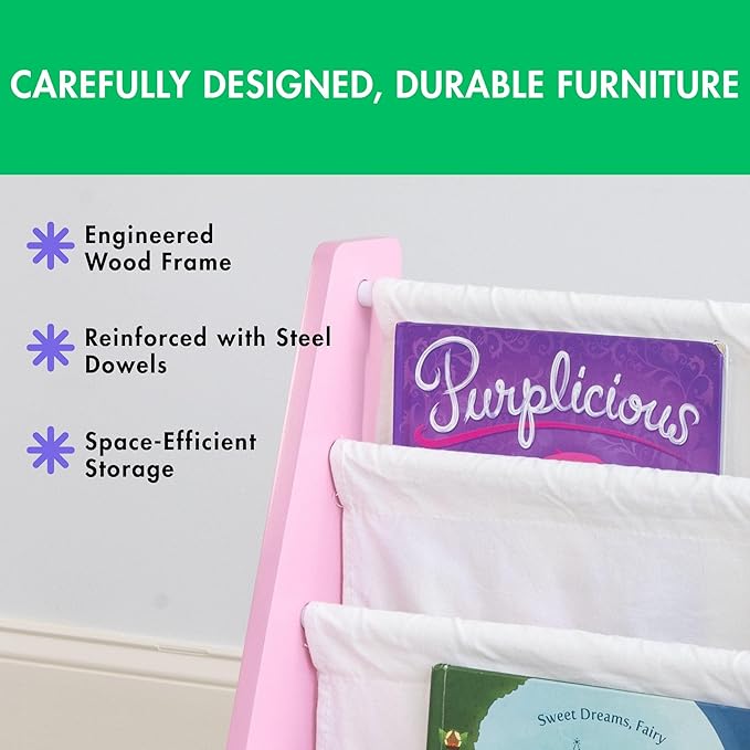 Humble Crew 4-Tier Kids Bookshelf, Pink/White - Premium Book Shelf for Kids Rooms with Four Deep Pockets - Toddler Sling Book