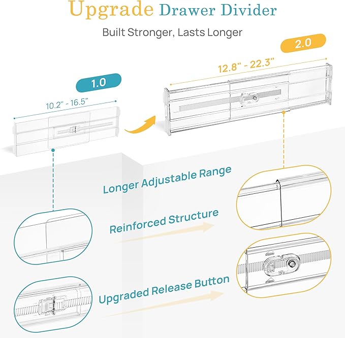 Vtopmart 12 Pack 4" Regular Upgrade Drawer Dividers for Clothes, 12.8"-22.3" Expandable Dresser Drawer Organizer, Clear Plast