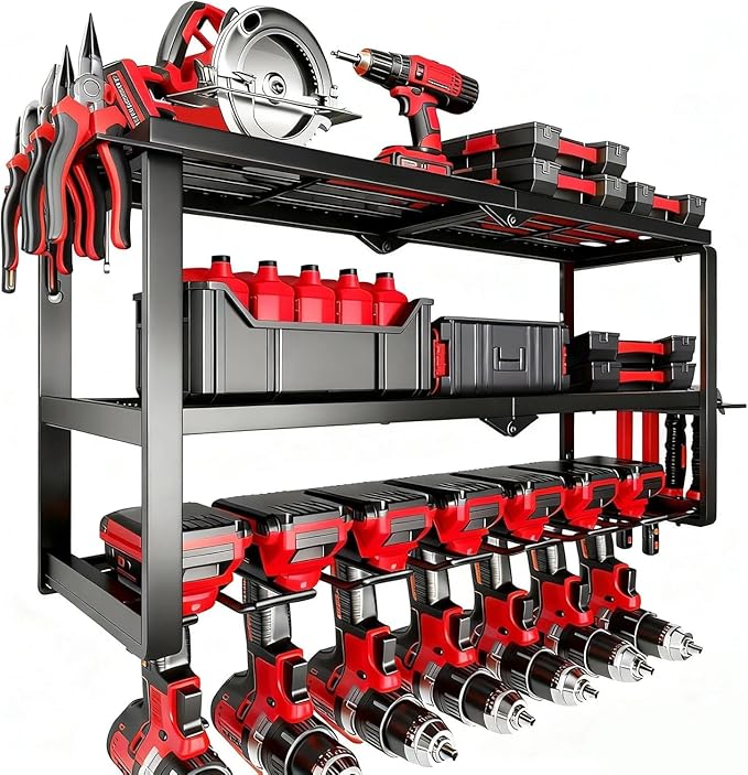 Power Tool Organizer Wall Mount, 150Lbs 3 Layer Metal Tool Storage Rack with 7 Cordless Drill Holder Heavy Duty, Battery Dril