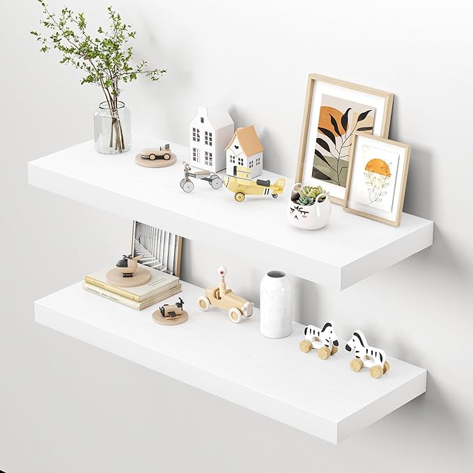 Dreamland 40" Floating Shelves for Wall, 12" Deep Thicker White Floating Shelves, Wall-Mounted Shelves for Bedroom, Living Ro