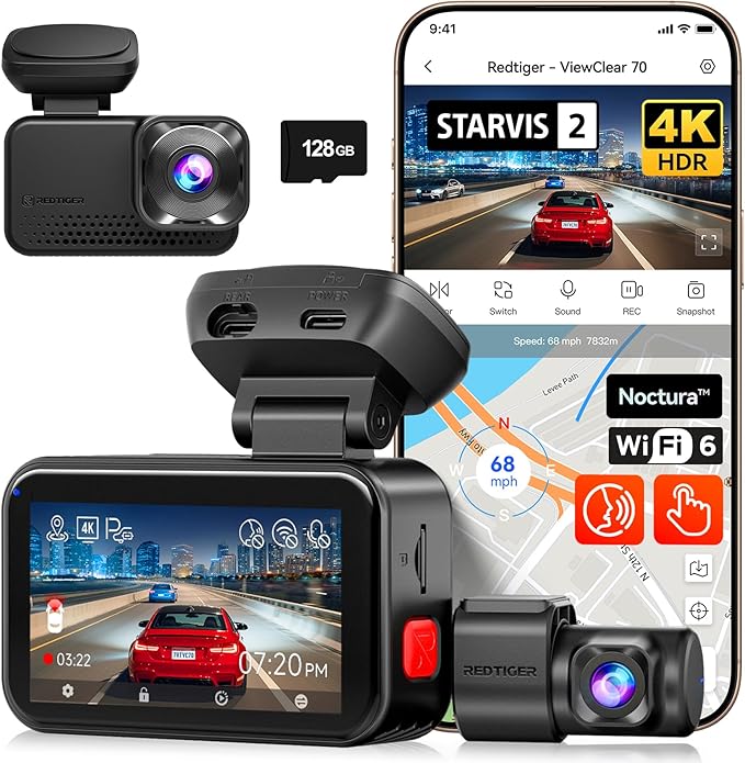 REDTIGER ViewClear 70 4K+2.5K Dash Cam Front and Rear, 8MP STARVIS 2 IMX678 x Noctura™ Sensor, Dual HDR Hyper Night Clarity, 