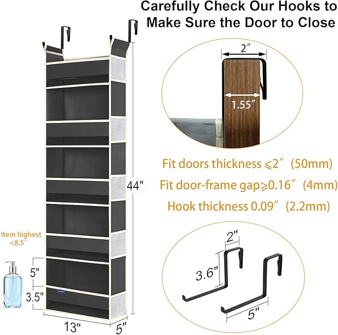 Over The Door Hanging Organizer 5-Shelves and 10 Side Pockets, Over The Door Storage for Bathroom and Bedroom, Back of Door O