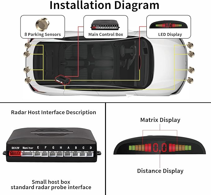 Car Reverse Parking Radar System with 8 Parking Sensors Distance Detection + LED Distance Display + Sound Warning (Champagne Gold Color)