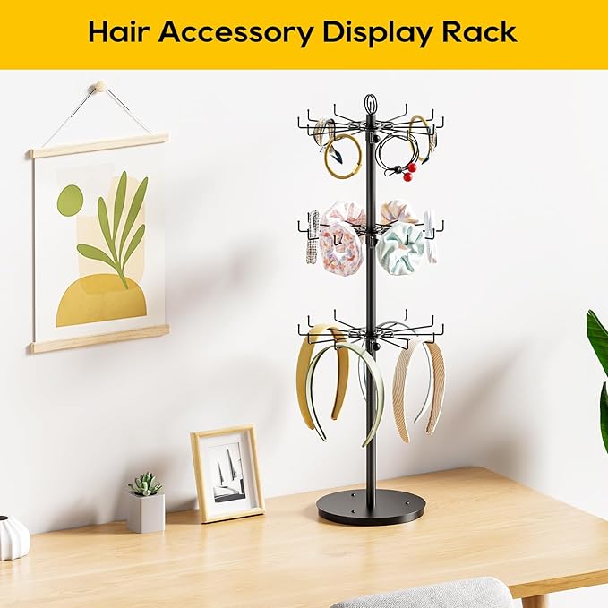ORLESS 3 Tier Rotating Jewelry Display Stand, Keychain Display Stand with 36 Hooks, Black Metal Retail Display Spinning Holde