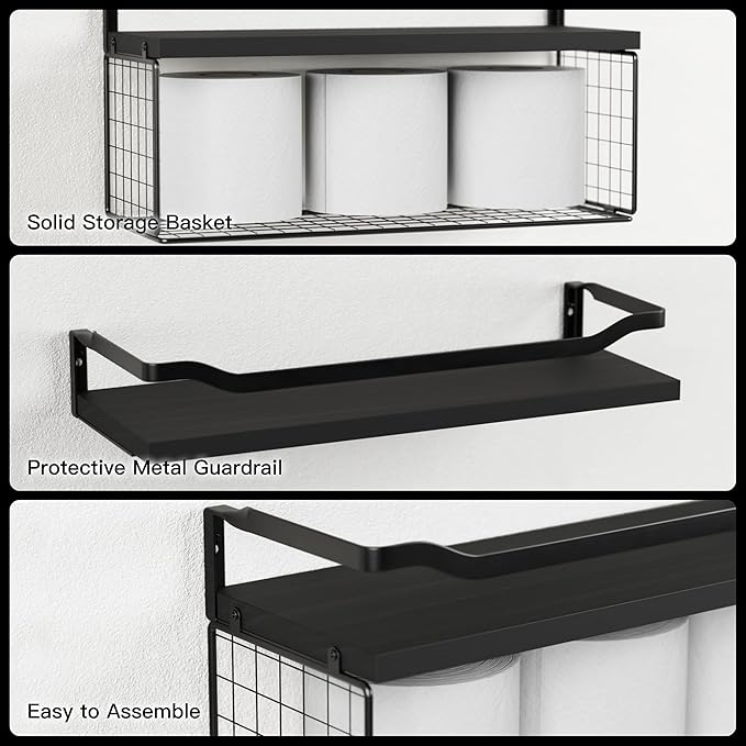 WOPITUES Floating Shelves with Wire Storage Basket, Bathroom Shelves Over Toilet with Protective Metal Guardrail, Wood Wall S