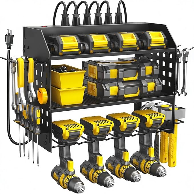 SPACECARE Power Tool Organizer with Charging Station 6 Outlets, 3-Layer Heavy Duty Wall Mount Drill Storage Rack, Cordless To