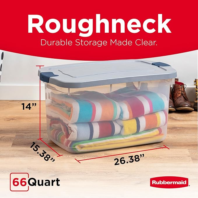 Rubbermaid Roughneck Clear 66 Qt/16.5 Gal Storage Containers, Pack of 4 with Latching Grey Lids, Visible Base, Sturdy and Sta