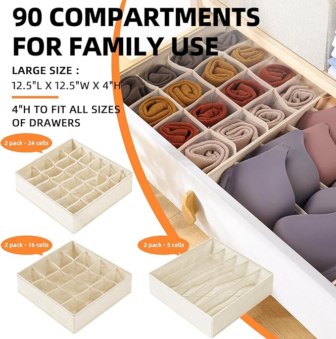 Criusia 6 Pcs Drawer Organizer Clothes - 90 Cells Closet Organizers and Storage for Baby Nursery - Washable Fabric Dresser Or
