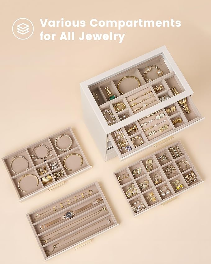 Lolalet Jewelry Box Organizer, 8-Layer Jewelry Organizers and Storage Case with Glass Lid, Ring Earring Bracelet Necklace Hol