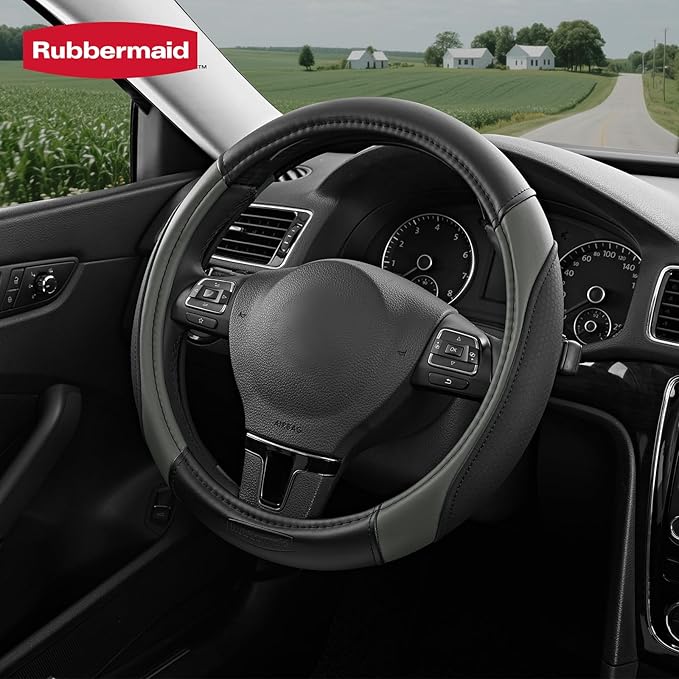 Rubbermaid Steering Wheel Cover – Universal Fit 14.5"–15" Steering Wheel Cover, Anti-Slip Grip, Breathable Leather, All-Seaso