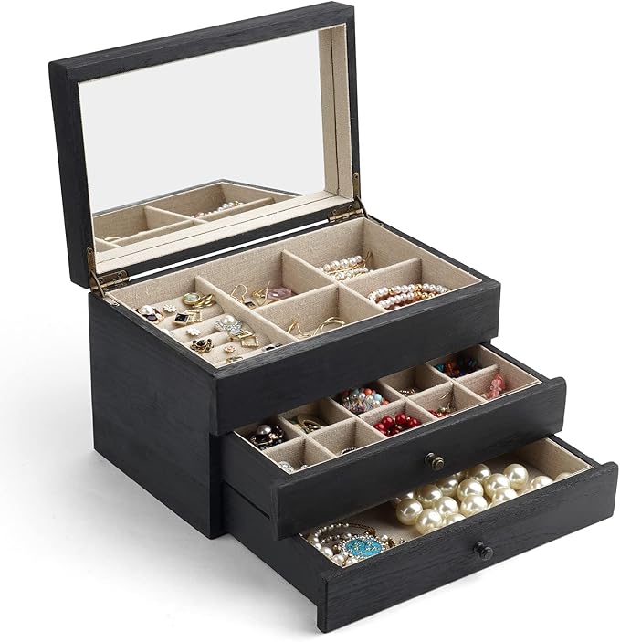 Meangood Jewelry Box Organizer for Women, 3 Layer Large Jewelry Storage Case, Rustic Wooden Jewelry Box with Mirror & Ring Tr