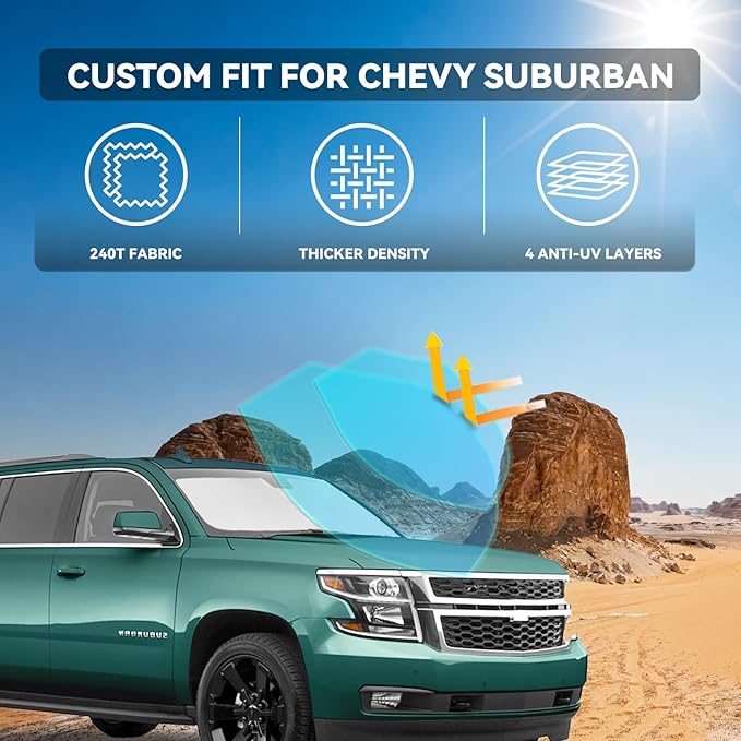 for Chevy Suburban 2015-2020 Windshield Sun Shade - 4 Layers Car Sunshades for Front Windows Shade Cover Custom Fit Suburban Sun Visor 240T Retractable Shade Blocks UV Rays Car Accessories