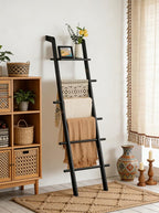 Black Blanket Ladder with Top Shelf for the Living Room - 67in Decorative Wooden Blanket Holder, 5 Tier with Side Hooks for H