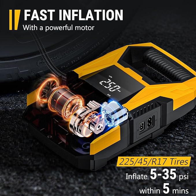CARSUN AC/DC Tire Inflator Portable Air Compressor, Dual Power for Home 110V AC and Car 12V DC Air Pump with Pressure Gauge, Auto Shutoff, Tire Pump for Car Motorcycle Bicycle and Other Inflatables