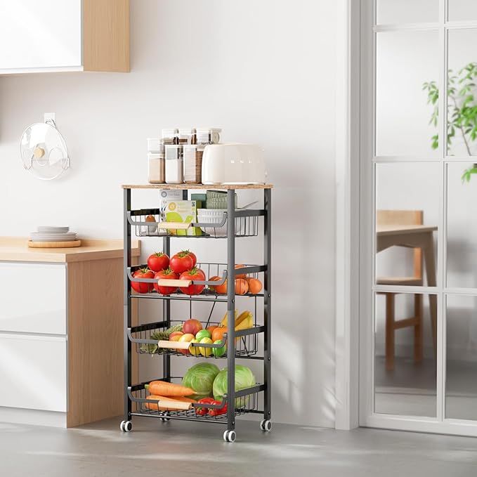 NiuYichee 5-Layer Fruit Basket Kitchen Food Storage Organizer and Storage Rack, Stackable Storage cart with Desktop, Pull-Out