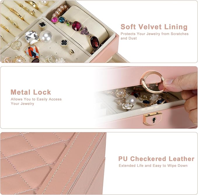 3-Layer Jewelry Box for Women, Jewelry Organizers and Storage with Removable Jewelry Tray, Vintage Quilted Top Lockable Jewel