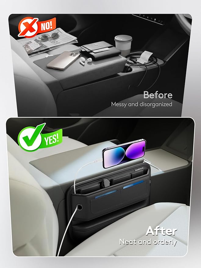 2 Pack Car Seat Gap Filler, Leather Seat Gap Organizer with Sun Visor Organizer, Front Seat Storage for Phone, Sunglasses, Cards and Keys, Fits Most Cars SUVs and Trucks