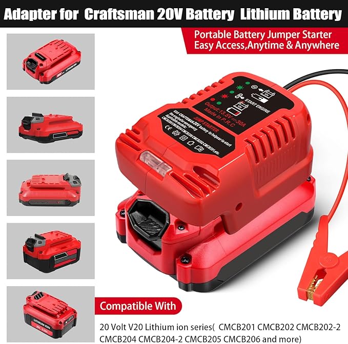 Jump Starter Adapter for Craftsman 20V V20 Li-ion Battery Powered with Jumper Cable Clamps Portable Car Charger Jump Starter(Battery Not Included)