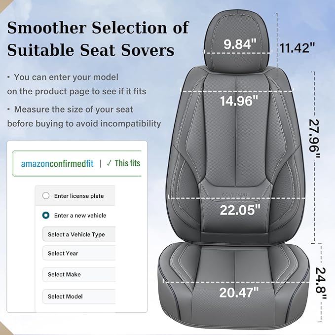 Coverado Car Seat Covers Full Set, Seat Covers for Cars, Gray Car Seat Protector Waterproof, Nappa Leather Car Seat Cushion, 