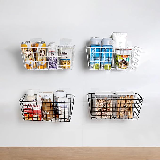 ABuff 6 Pack Metal Wire Storage Baskets Wall Mounted Hanging Wall Basket with Traceless Tape, Hanging Kitchen Organizer Baske