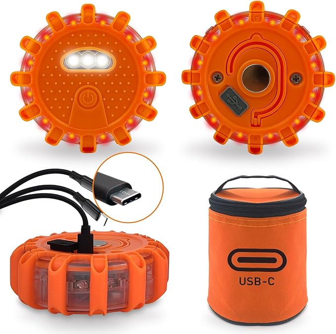 USB-C Rechargeable LED Road Flares Emergency Lights-Large Capacity (Lithium Battery) 3 in 1 Cable Roadside Warning Car Safety