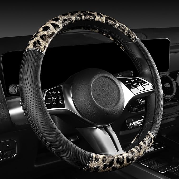 CAR PASS Leopard Print Faux Leather Car Seat Covers & Leopard Car Mats&Leopard Steering Wheel Cover Seat Belt Universal Car A