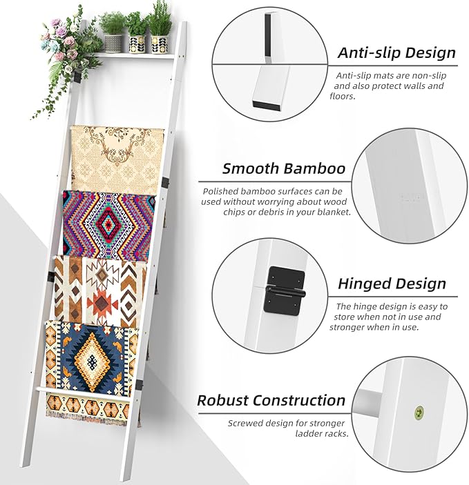 BAMBANG 6-Tier Blanket Ladder for Living Room, Blanket Quilt Ladder Rack Rustic Decorative Towel Holder, Wall Leaning Blanket