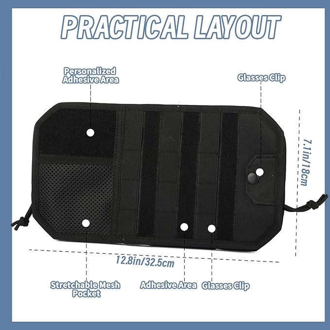 Car Sun Visor Organizer with 3 Extended Straps, Tactical Visor Molle Panel for Trucks SUVs, Heavy Duty 1000D Nylon Storage Pouch for Sunglasses, Cards, EDC Gear, Black