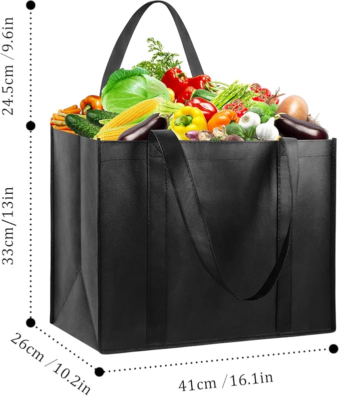 LadyRosian 10 Pack Heavy Duty Kitchen Reusable Grocery Bags, Durable XL Shopping Tote with Handle Can Hold 45+lbs, Stands Upright, Foldable & Washable (Black)