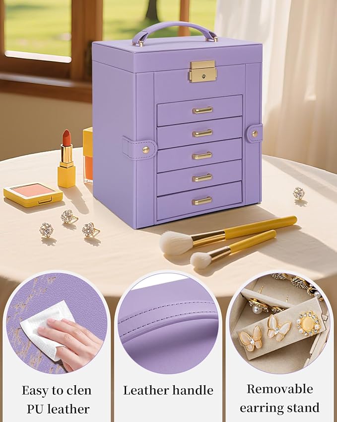 TORIBIO Large Jewelry Box for Women, Leather Jewelry Organizer with Mirror & Lock, 6-Tier Jewelry Storage Case for Girls/Wome