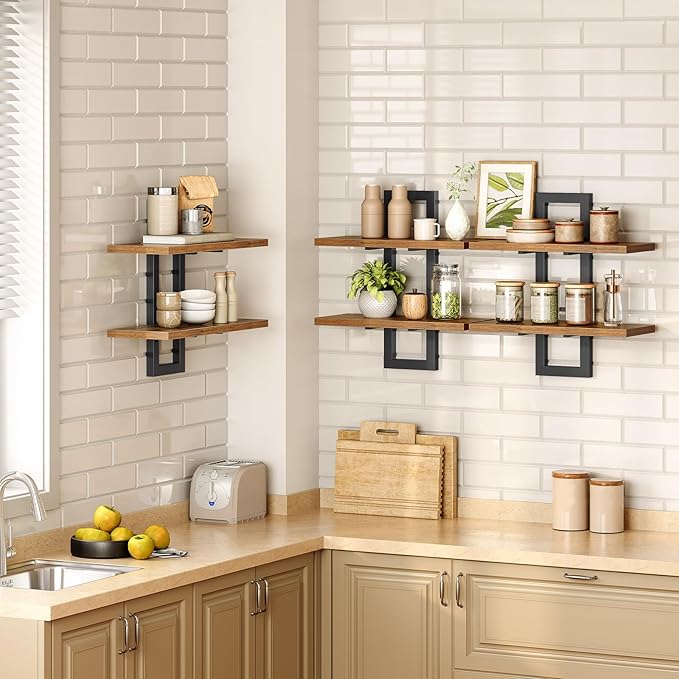 HOOBRO Floating Shelves, 15 Inch Wall Shelf Set of 3, Wall Mounted Storage Shelves 2-Tier, Hanging Bathroom Shelves, for Livi